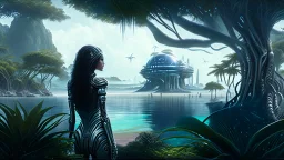 Detailed matte painting of a wide-angle shot of a woman, standing on the right side of an alien beach, with dark hair in a silver robotic catsuit, many large floating creatures with shells and long tentacles, alien jungle trees in the distance