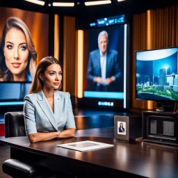 amodern tv studio a beautiful girl perfect face sitting next to desk in talk show looking at camera, with picture of an old man in tv screen at background