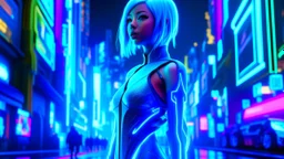 Futuristic woman with glowing neon blue hair walking elegantly, wearing reflective metallic fabric tight dress, holographic skyscrapers in the background, multicolored neon lights illuminating the wet streets, floating giant screens, flying vehicles crossing the night sky, ultramodern cyberpunk atmosphere, hyperrealistic sci-fi style