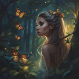 Painting of a beautiful girl, beautiful, pretty face, young girl, fantasy art, Ariana Grande's face, dream, trees, forest, dark night, song, glitter butterflies, fantasy