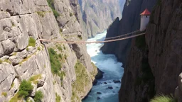 In a fantasy world, a deep gorge with vertical stone sides has a tumultuous river flowing at the bottom. At the top, at ground level, a rope bridge has been constructed to span across the gorge. The scenery is awe-inspiring. Colour photograph