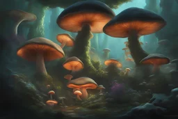 Exotic Flora, fauna, mushrooms, fungi and coral at the End of the Multiverse black liquid Land