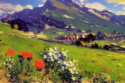 Mountains, sunny day, clouds, rocks, flowers, grass, distant houses, vegetations, distant trees, lesser ury and konstantin korovin impressionism painting