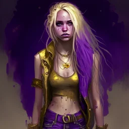 A girl with a purple gold hue around them with small bits of purple gold on their skin. They have long, dirty blonde hair and wear a tank-top with a jacket around their waist and jeans. They wear boots and have violate eyes.