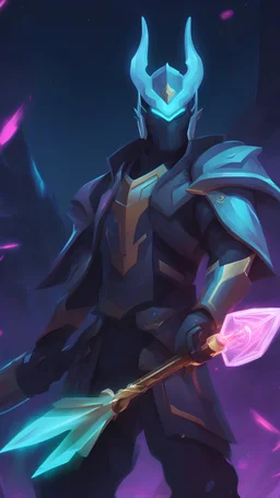 A close picture to aphelios holding his weapons, master weapons, neon weapons, his sister ghost behind him, league of legends art style