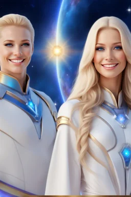 cosmic woman smile,beautiufos rainbow, admiral from the future, galactic confédération, fine whole face, crystalline skin, expressive blue eyes,rainbow, smiling lips, very nice smile, costume pleiadian, Beautiful tall woman pleiadian Galactic commander, ship, perfect datailed golden galactic suit, high rank, long blond hair, hand whit five perfect detailed finger, amazing big blue eyes, smilling mouth, high drfinition lips, cosmic happiness, bright colors, blue, pink, gold, jewels, realist,