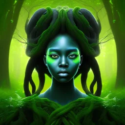 Painting .the face of A young black woman. A wood nymph emerging from the forest. Her hair looks like vines. Dreadlocs. Her skin is the colour of dark soil. Her skin looks like tree bark. Her clothing is made of vines, grass and leaves.