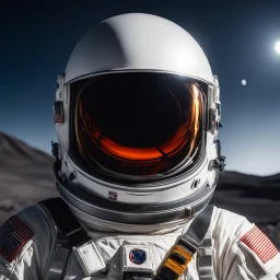 a close up on the helmet of a spacesuit on a moon, with reflects of a devil