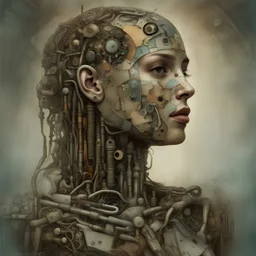 Picasso and Peter Gric style realistic illustration of a front complex biomechanical woman colored face mixed to supplies pieces (detailed eyes, nose, mouth , neck), made of various colored recycled metal objects all around and inside head, anatomical body view, visible brain and skeleton, HDR, UHD, all in focus, clean face, no grain, concept art