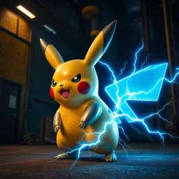 An electric Pokemon: Steel-Pikachu With Steel Metallic Body And A Magnet Steel Tail With angrily smiling and unleashing Blue-thunderbolt with electric waves from its back, At Dark electric factory having yellow circuit patterned walls, at dark night Showing Dramatic And Cinematic Ambiance.