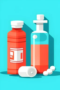 Design a flat-style medicine bottle prop suitable for a mini-game challenge in a mobile game, while aligning with the flat design aesthetic. Create a visually appealing and recognizable representation of a generic medication container, ensuring it complements the charm of the nurse kitty character. The medicine bottle should convey importance and functionality, serving as a key element in various gameplay scenarios. Create a flat, two-dimensional representation of a cylindrical bottle shape wit