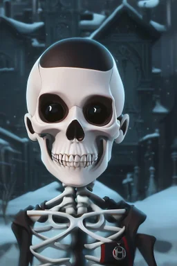 a cute animation boy, skateboarding , trendy hoody, 8 k, tim Burton skeleton style from the movie "night before Xmas", realistic animation, gothic