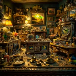 Diorama of old stuff in a room, sharp focus, 8k, 3d, very detailed, persons, books, volumetric light, grim, very colorful, ornate, 33mm, F/2.8, insanely detailed and intricate, hypermaximalist, super detailed, decadentism