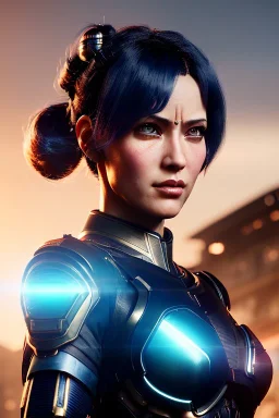 Middle age female Cyborg anime warrior, dark blue hair, greying hair, ponytail hairstyle, orange eyes, waist up portrait,4k resolution, intricate details, ornate details, soft lighting, vibrant colors, retroanime, masterpiece, intricate eyeliner, dark eyeshadow, futuristic cityscape background