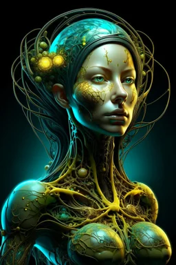 Create a surreal, futuristic portrait of a humanoid woman organic hair figure with a bright, skin surface. The figure’s head and upper body are partially disintegrated, revealing intricate, glowing, organic structures beneath the surface. The inner structures are illuminated with teal and golden hues, resembling bioluminescent veins or energy cores. The figure is in a contemplative pose, with one hand gently touching its chin. The background is minimal and abstract, allowing the focus to remain