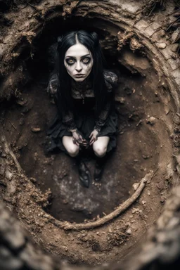 Closeup tall Girl goth with big eyes, fullbody, ragged clothes, behind her mud and rats, extended like roots, the perspective looking up from the bottom of an empty well , 8k,macro photography,