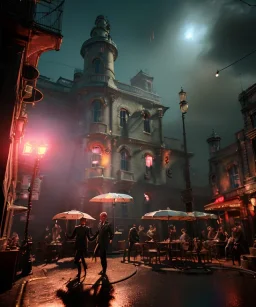 cabaret scene, steampunk. old man and little monkey, Sunglasses, rain, smoking, happy, hot. Many people background, highly detailed, concept art, unreal engine 5, god rays, ray tracing, RTX, lumen lighting, ultra detail, volumetric lighting, 3d, finely drawn, high definition, high resolution.