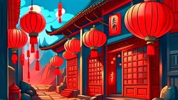 fantasy cartoon style illustration: red lanterns and decorations on doors and windows in a small Chinese mountain village