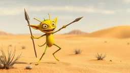 a funny little creature that dance in a desert, the creature is yellow and green, have big eyes and long legs, he likes to dance and jump with his spear, he ls little evil and likes to scream "Musta", and have a big mouth sharp teeth