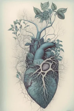 Drawing of a realistic heart where veins connect with creeper plant branches and flowers by salvador dali