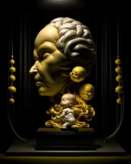 a huge golden inflated sculpture of brain supported by very small beautiful Asian female human bodies, Communist propaganda slogan banner,complex surgical instruments,a newborn boy between light and shadow, black background,surrealism, symbolism, minimalism, sculpture by Lucian Freud, Rene Magritte, Salvador Dali