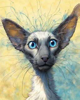 Create a vividly realistic visual composition to conceptually complement A whimsical, wacky Oriental shorthair chocolate point Siamese with blue eyes and a delightfully scattered and unkempt coat, sporting long strands of hair that stick out in every direction, as if electrified by static, its whiskers twitching with mischief, while its ears perk up with an air of sly secrecy, the cat's body appears to be whispering away from itself, as if its very essence is being slowly sucked out, leaving beh