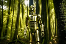 C3PO en mitad de un bosque de hayas, medio cuerpo, fotografía, disparo realizado con una cámara Leica, objetivo 35 mm, retrato, fondo desenfocado