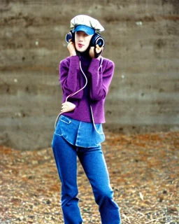 Everything she wear is in the image. of young woman, plum-blue-magenta-camouflage. She wears mantel and simple blouse.Felt cloth visor with tippet. SMALL FELT CAP is merged to Old AKG headphones with recognizable Golden rings! cloth materials are denim and felt cloth mixed. Fashion 1990's. Colors: Cream white, zinc plate, red ochre, ochre, orange - all mixed. Thick tights. Thick calves. She is in figure from top to toe.