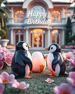 Generate image: Generate image: Generate image: A macro 3D render of a cute, lovely Penguins,made of translucent, glossy,colored jelly material. is landing in yard of a luxury villa next to flowers ,subsurface scattering and gelatinous texture . High-quality CGI, octane render, 8k resolution, whimsical, adorable, clean composition. long shot ,4:3,write in top in 3d "Happy Birthday"