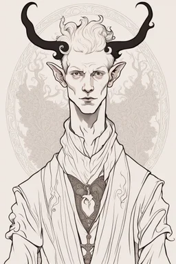 young satyr male albino alchemist with small horns in the style of Aubrey Beardsley