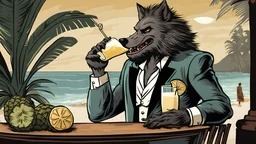 A werewolf drinking a Pina Colada at Trader Vic's. He is well dressed and his hair is combed immaculately. Illustration.