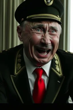 4k full détails. Photo with 2 caractères. Vladimir poutine russian leader crying. Ghost of Adolf hitler in german uniform laughing.