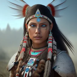 war painted pueblo Indian female, dark, disturbed expression, 12k, ultra high definition, finely tuned detail, unreal engine 5, octane render, ultra realistic face, ethnically accurate face, intricate head dress, detailed make-up, detailed turquoise jewelry, detailed hair, detailed feathers, use dynamic palette, accurate proportions, high contrast, black smokey bokeh background