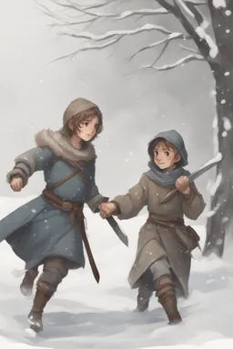 DnD style, two medieval peasant kids playing in the snow male and female, age 14 and 15, happy and playful, he has a short sword.