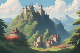 Nature, mountain in the horizon,castle in the distance, ghibli style