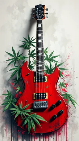 A red electric guitar with weed leaves in the background and smoke , graffiti art, splash art, street art, spray paint, oil gouache melting, acrylic, high contrast, colorful polychromatic, ultra detailed, ultra quality, CGSociety, plant based skink,