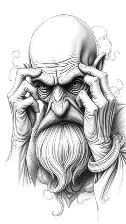 𝙋𝙧𝙤𝙢𝙥𝙩 highly detailed graphite illustration, A surreal old woman figure with exaggerated anatomical features, heavily wrinkled skin, and an intense, contemplative expression. bald head, thick eyebrows, long beard merge into swirling abstract shapes. Large, expressive hands, gripping the forehead tensely. Mysterious, introspective, dreamlike, somewhat dark fantasy. #𝙙𝙧𝙚art #prompt