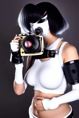 Cyber-punk style random-mask. Large fencing mask covers cheeks. Trim girls. Reflective white plastic skin. Camera lenses as eyes. Head full of integrated old-fashioned cameras. Golden to cyan surfaces body, latex. Perfect body, thick thighs and calves. Asa Akira. SElfie with old-fashioned cameras in both hands. Wide hip, skirt bleats nicely. Camera at mons veneris. Partly symmetrical. Cameras hanging on wide plastic belt. Euclidean 3D-tiling walls. Fractals. Chaos. Minimalism. surveillance