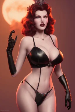 Rita Hayworth as evil queen in black leather, busty, cleavage, dominatrix, curvy, angry, stern look. character design by cory loftis, fenghua zhong, ryohei hase, ismail inceoglu and ruan jia. unreal engine 5, artistic lighting, highly detailed, photorealistic, fantasy