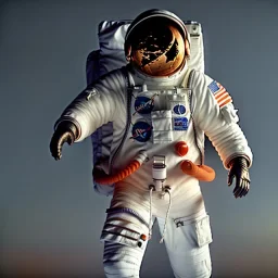 an astronaut in moon, full body, highly detailed, orange puffer jacket, 3d render