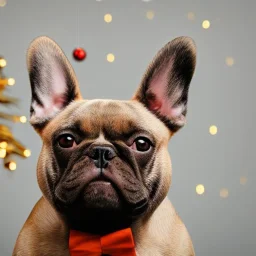 Portrait of a cute french bulldog with light brown fur celebrating new year and christmas