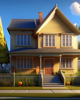 Hyper-realistic Pixar style american suburb frontview of a house