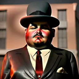 A 1930s Italian-American businessman with a bowler hat and a suit. He is obese and sad