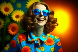 Mujer con vestido años 70 flowepower, sonrisa de fiesta y gafas de sol redondas de color azul, fondo de flores de colores chillones pop, fotografía realista