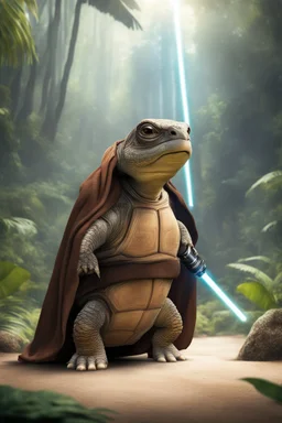 [photo realistic] a tortoise standing with a Jedi cape and a Lightsaber, using the force, jungle in the background