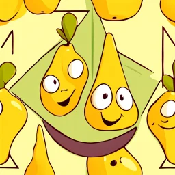 A pear in the shape of a funny, laughing cartoon character dressed as a young man, an equilateral square character