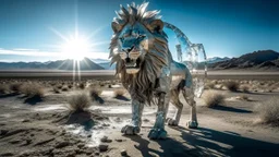 an exploding, vibrating, transparent glass lion leaps out of a huge, broken, damaged mirror in the middle of the desert, reflections