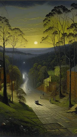 A black district in the shadows designed in Australian aboriginal art painted by John Atkinson Grimshaw