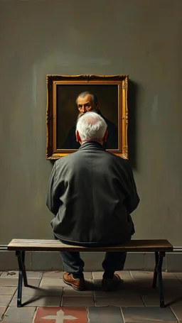 Bosch painting style a rear view of an old man sitting on a bench facing a picture on the wall , The man Turn his face back toward you