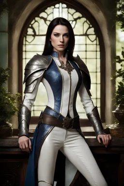 pale skin, Realistic photography, realism, model figure, female half elf, attractive, dark hair, long and subtle stylish layer straight hair style, front view, intricate white leather armor with blue streaks, dark aristocrat pants, standingblue detailed plating, detailed part, brown dark eyes, green garden background behind window, dawn, full body shot, looking at viewer